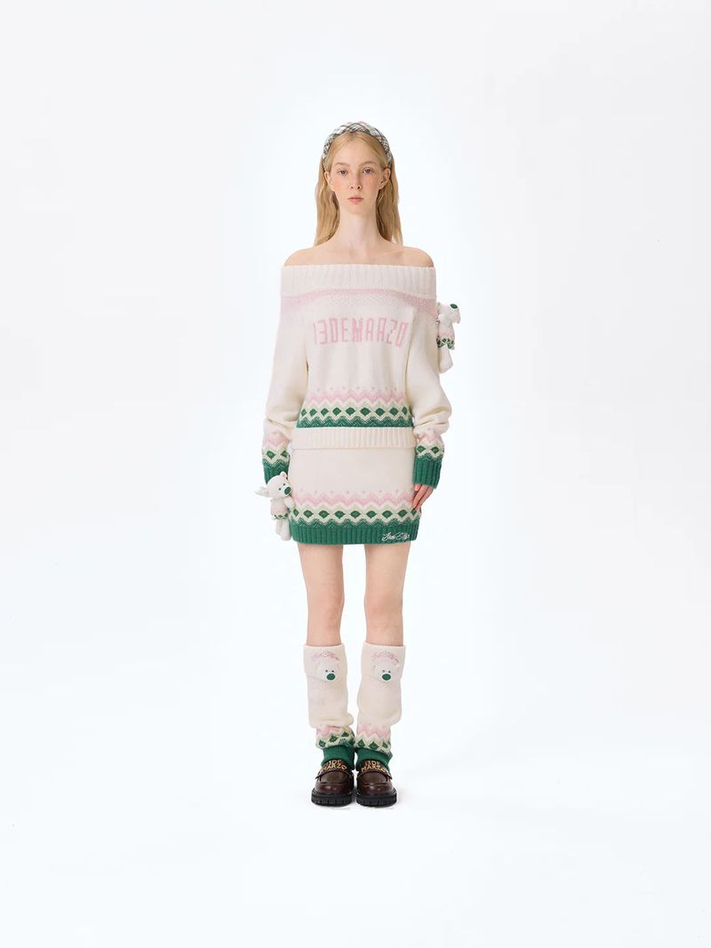 13DE MARZO Fair Isle Bear Knit Dress Beige
