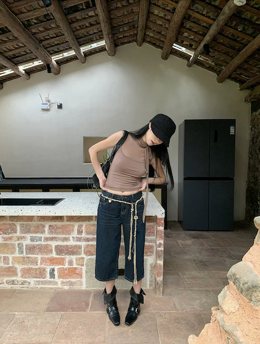 Retro straight capri denim pants