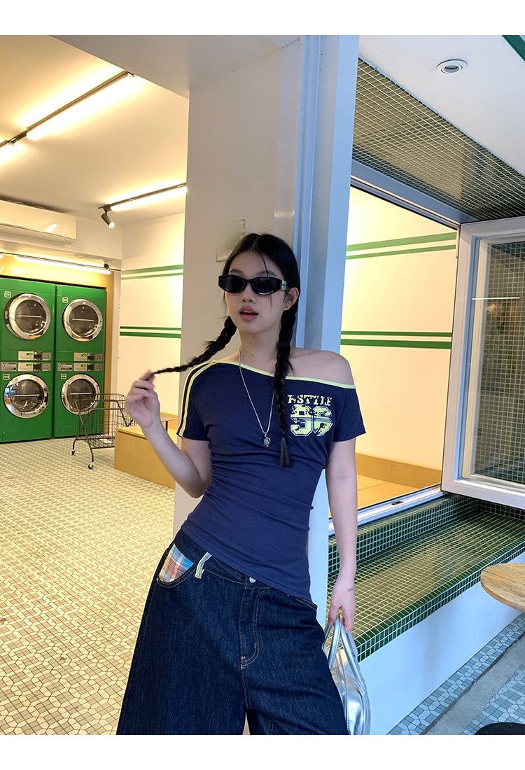 Checked pocket dark blue wide cropped denim