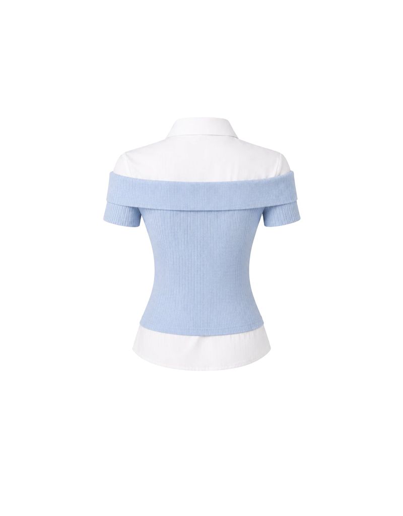 Elly Off-Shoulder Tie Ribbed Short Sleeve Knit T-Shirt Skyblue