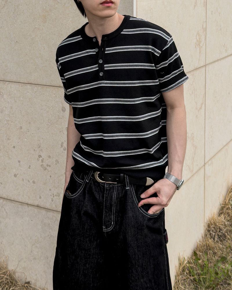 Diron Striped Henley Knit
