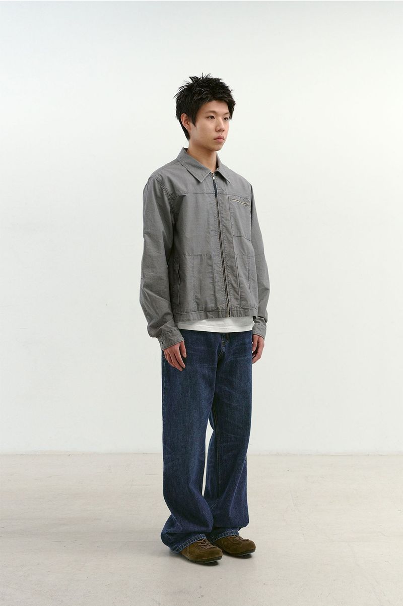 Loose Straight Biker Denim Pants (Washed Navy)