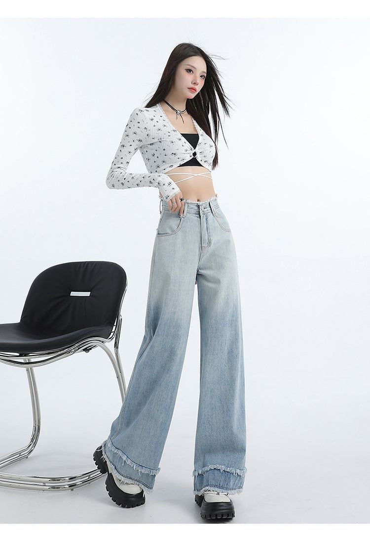 Gradient Blue Raw-Edge Wide-Leg Denim Pants
