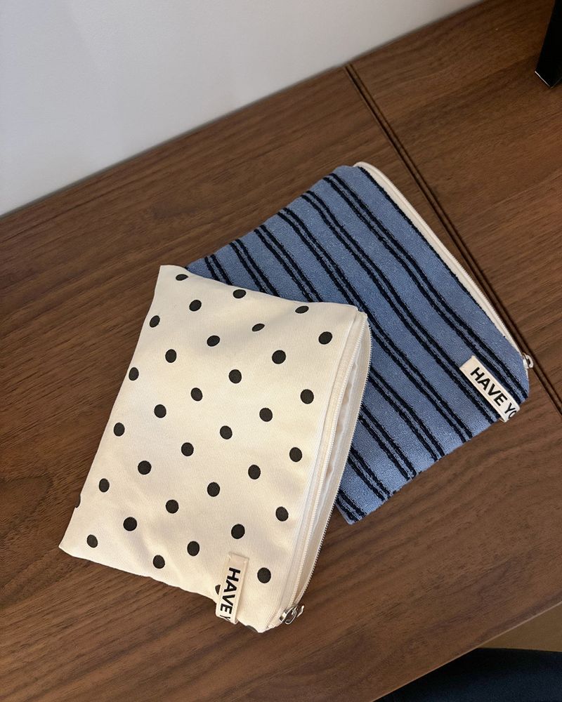 Terry stripe flat pouch - blue , S size