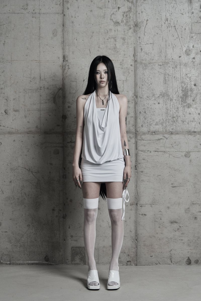 [label] cowl-neck side lace-up one-piece WHITE