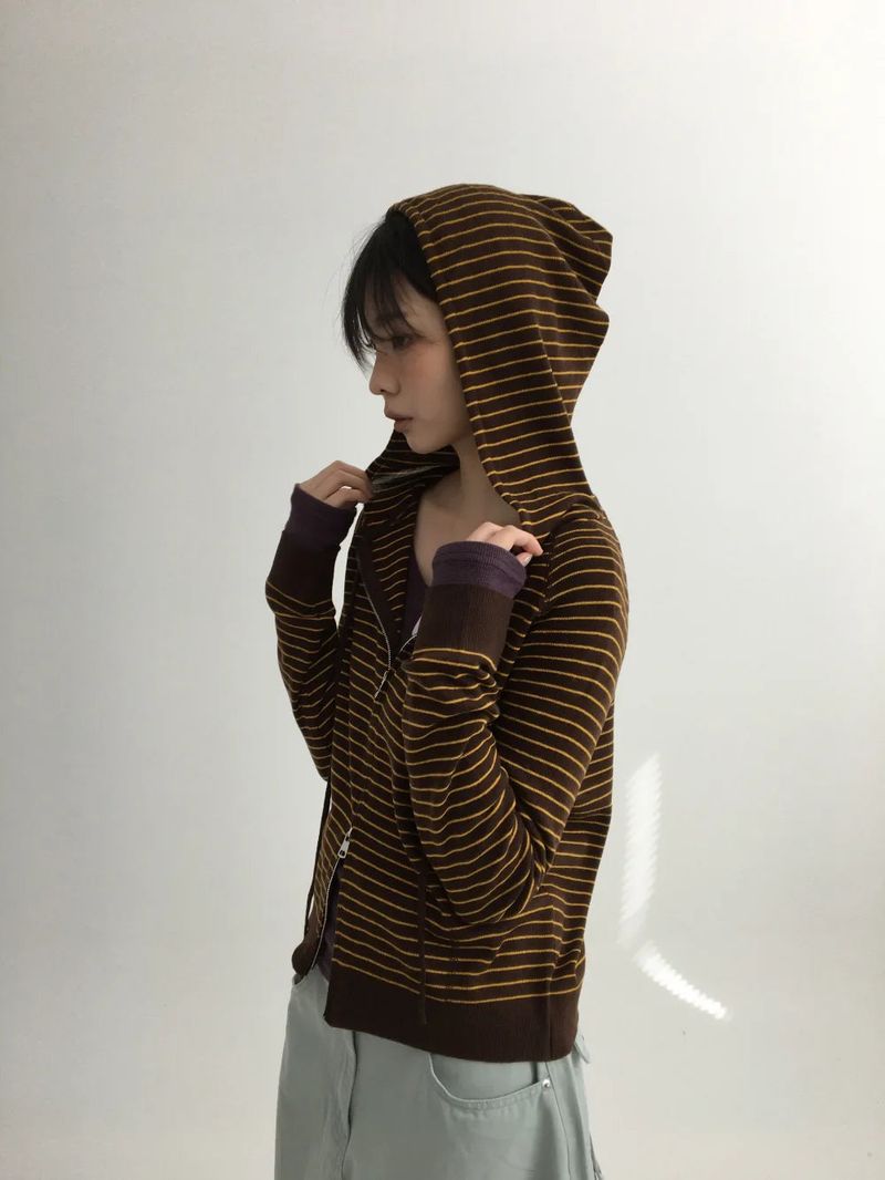 Bobby Striped Knit Zip-Up Hoodie (7color)