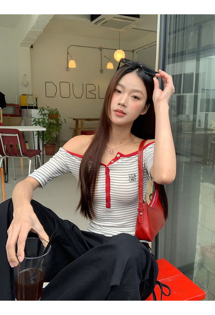 Red Line Stripe Off-Shoulder Top