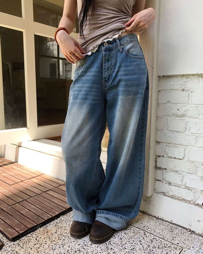 Rihen Roll-Up Wide Denim Pants