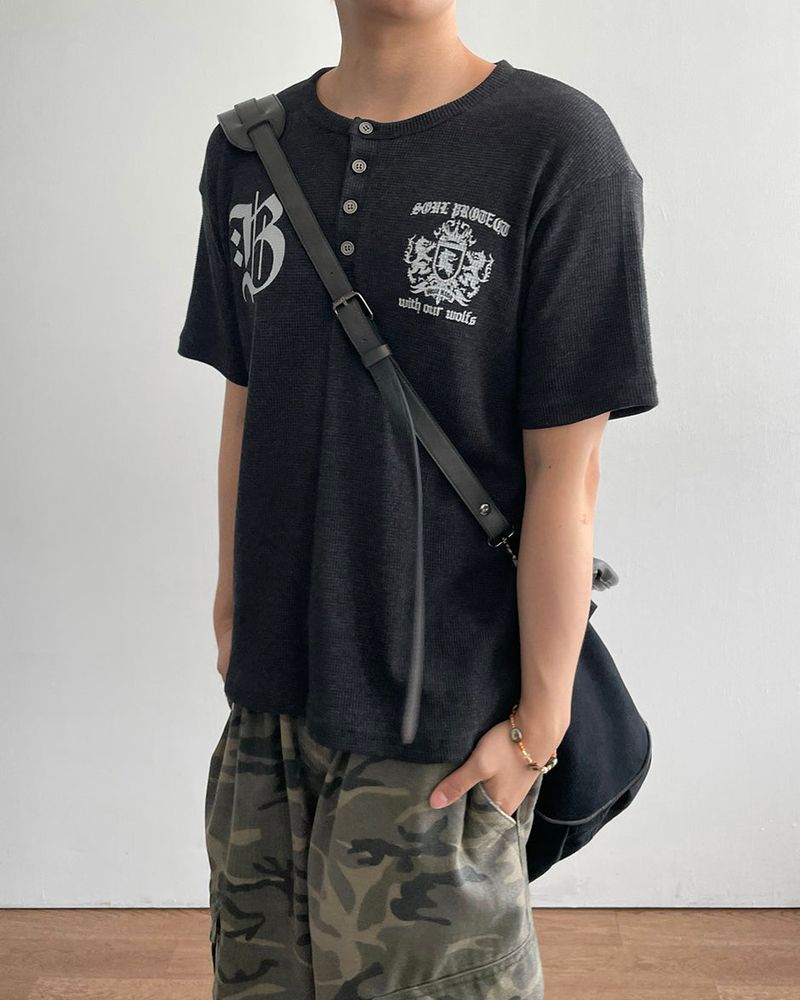 Shield Henley neck Waffle Short Sleeve T