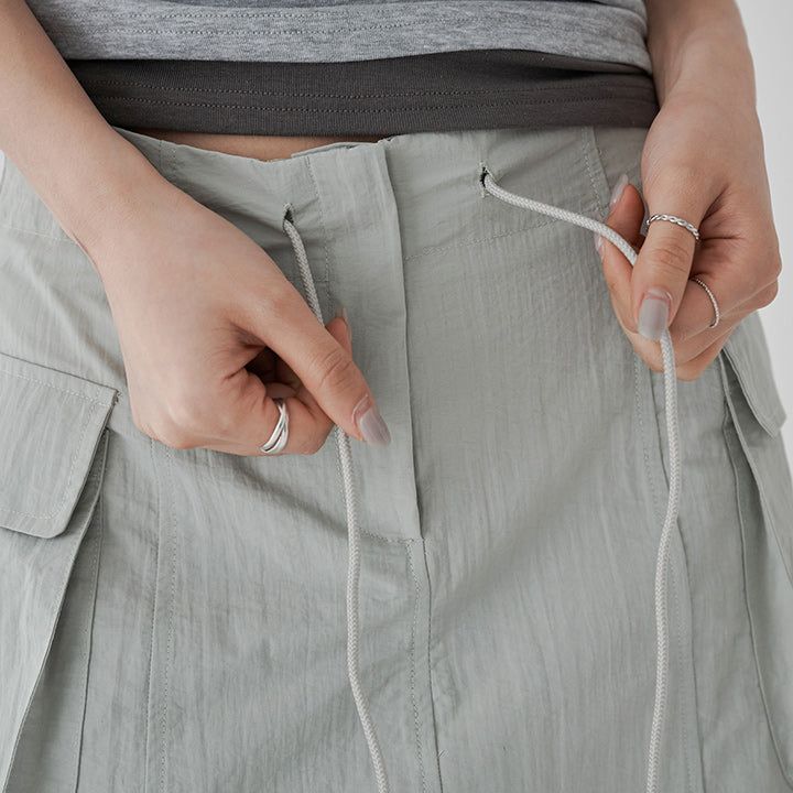  [made/free.xl] [Cheney] String A-Line Cargo Nylon Slit Long Skirt -5color