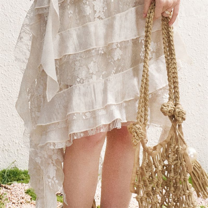 MAQI Frill Lace Asymmetrical Chiffon Resort Look Tiered Long Skirt