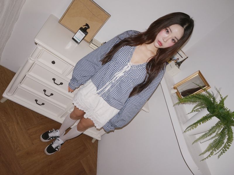 lovely blue checkered cotton blouse
