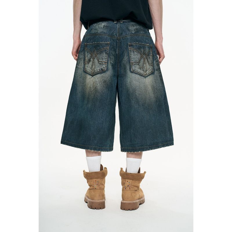 Oil-washed Bermuda denim pants - Deep Blue