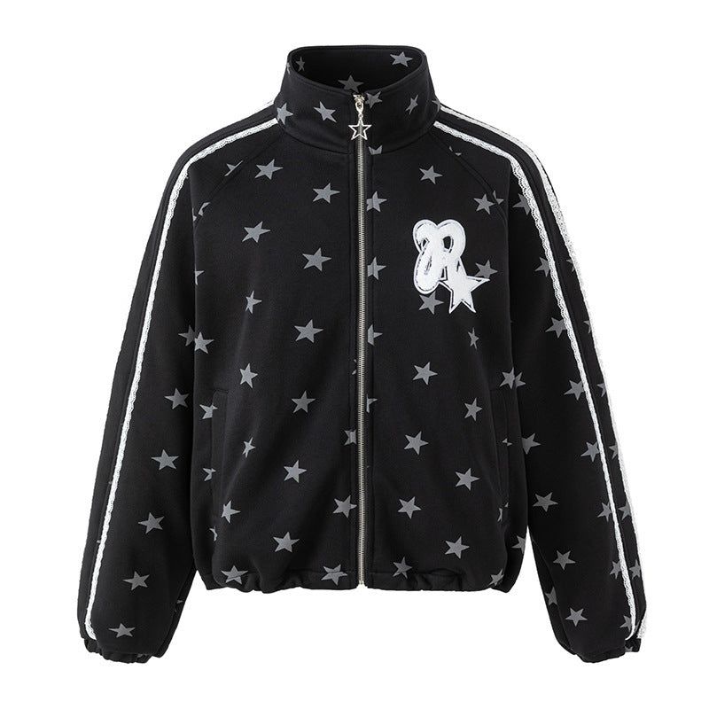 Kitsch Star Print Lace Trim Oversized Zip-Up Top