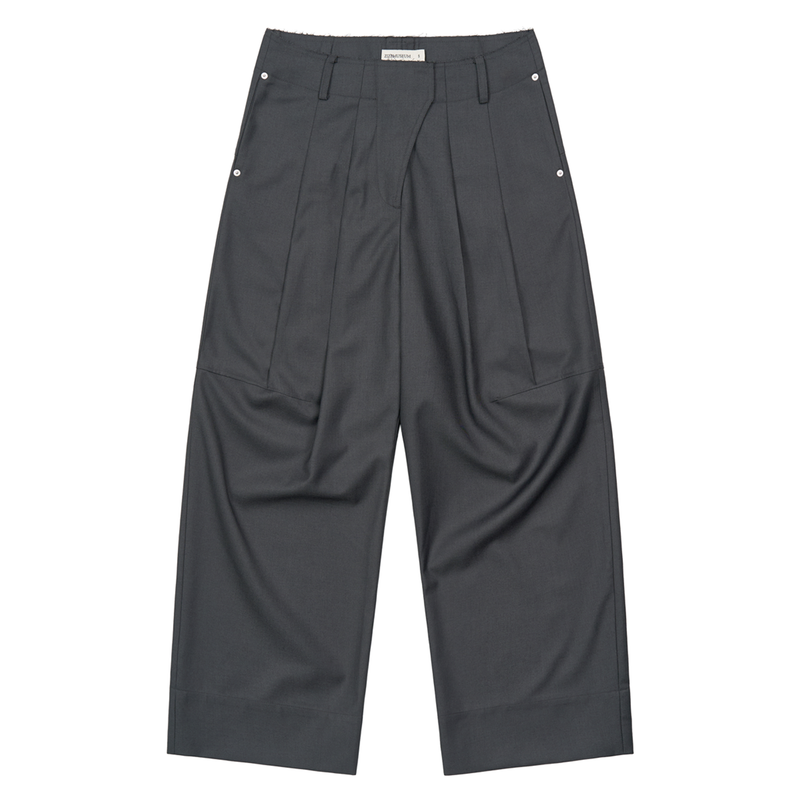 WAIST DETAIL TWO-TUCK WIDE SLACKS (GRAY)