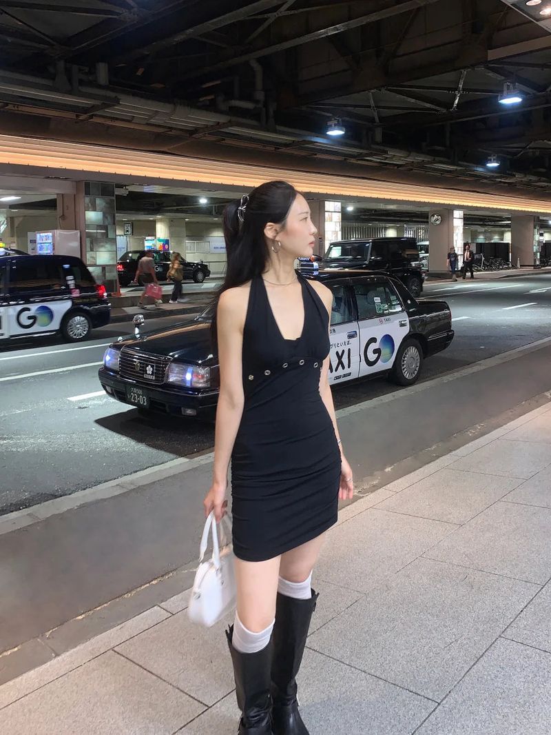 After Eyelet Halter Shirring Mini Dress 