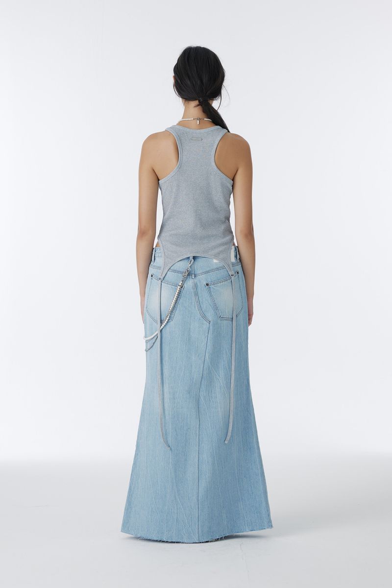 DAMAGED LONG DENIM SKIRT (BLUE)