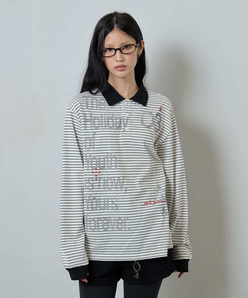 ODDSTUDIO（オッドスタジオ）の「Typo Graphic Stripe Overfit Collar Long Sleeve - WHITE（Tops）」