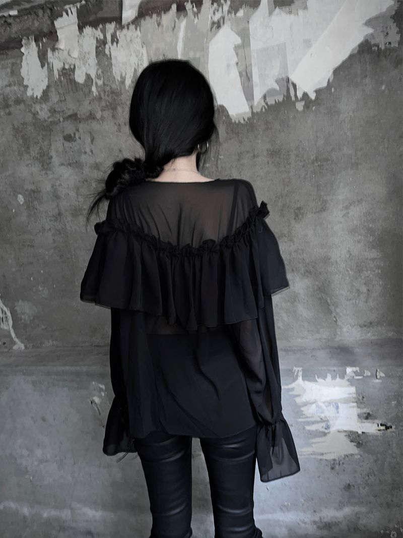 chiffon ruffle v-neck sheer blouse (2color)
