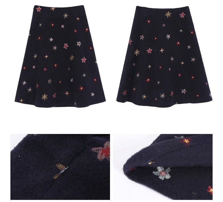 floral embroidered flare wool midi skirt