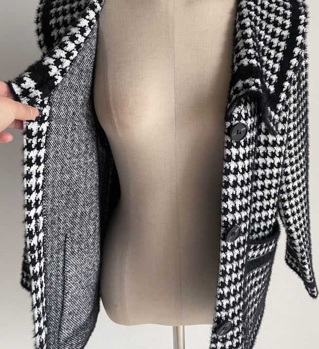 Marron Sailor Collar Hound Check Knit Jacket Cardigan