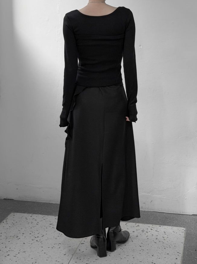 Frill Deep Round Neck Long Sleeve Tee