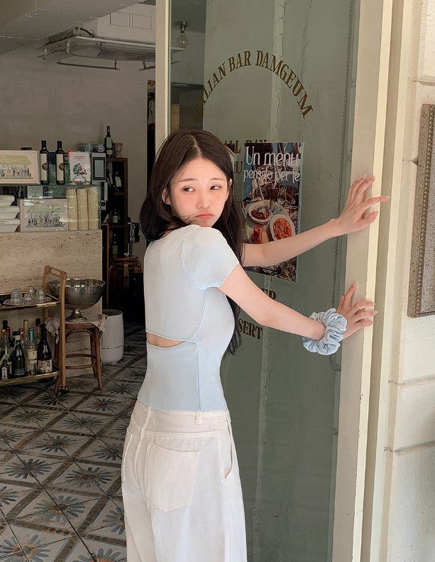 #Back Slit Square Short Sleeve Knit + Scrunchie Set (5color)