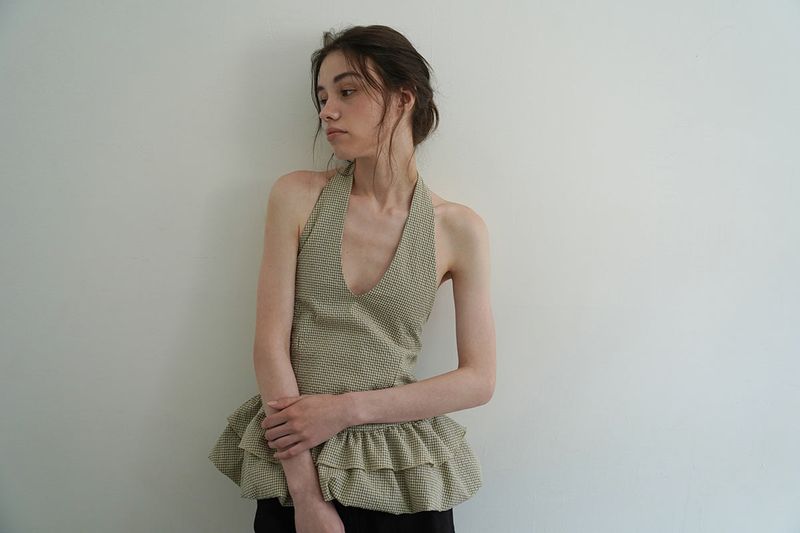 Gingham halter blouse_khaki
