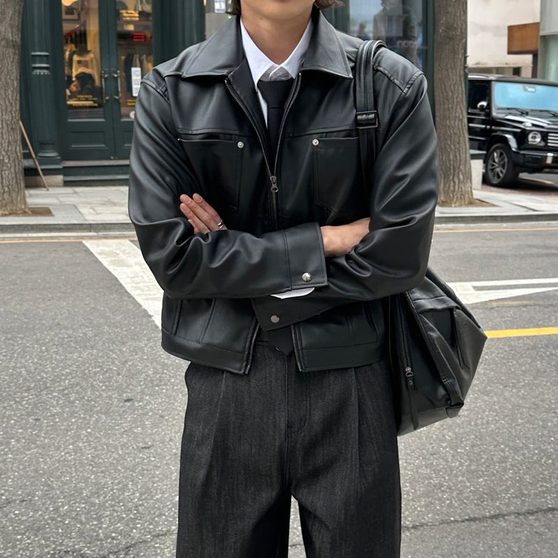 LMN Rivet Tracker Short Leather Jacket (black)