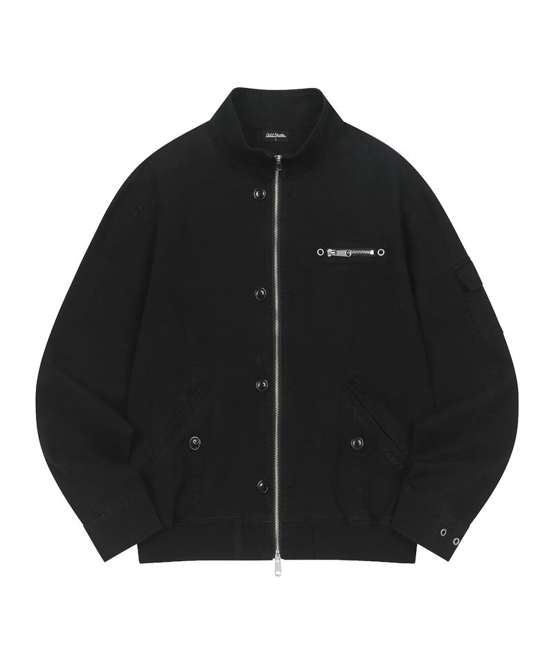 Vintage Washed Cotton High-Neck Blouson Jacket - BLACK