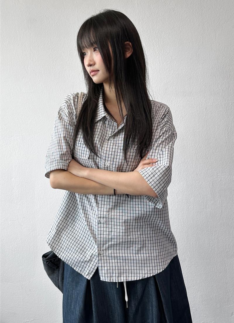 Cake Check Button Collar Short Sleeve Shirt 2 COLORS