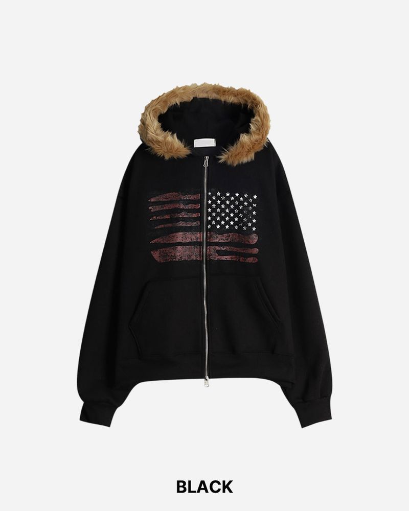 Flag Crop Napping Zip-up Hoodie