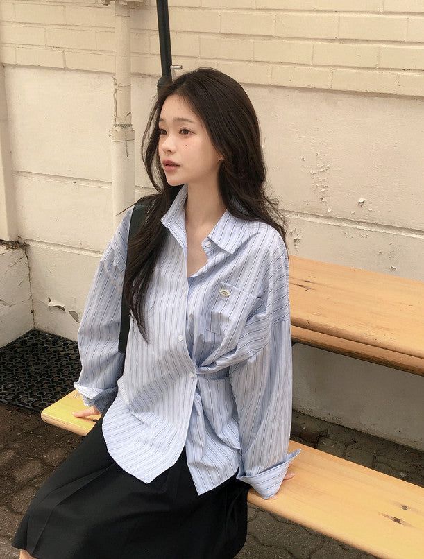 Today Loose Button Wrap Stripe Shirt (3color)