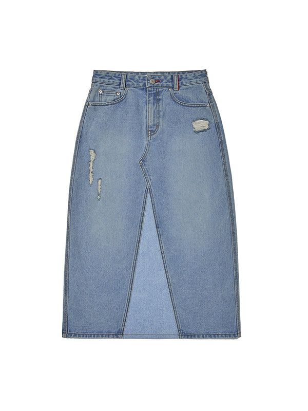 KIRSH（キルシー）の「DAMAGE WASHING LONG DENIM SKIRT [BLUE]（Skirts）」