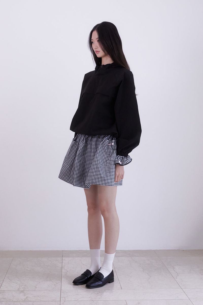 Gingham check pocket shirring mini skirt (BLACK)