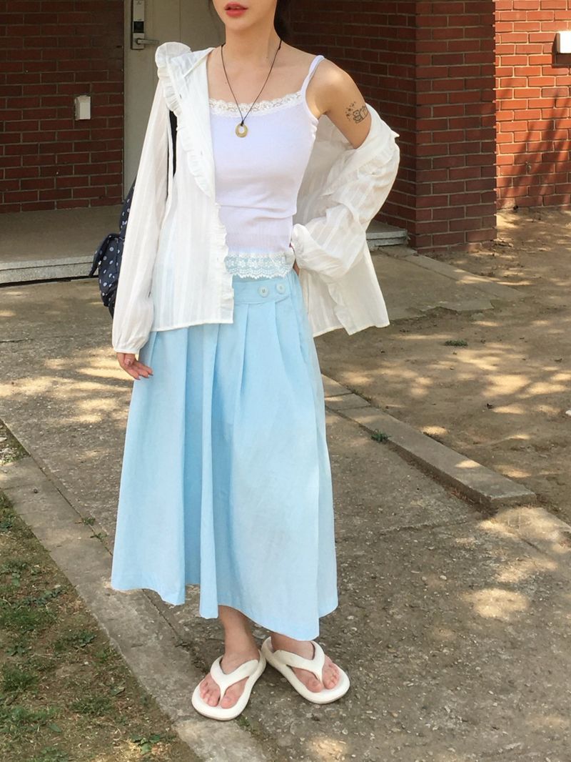 Button Minimal Pin-tuck Sagging Skirt (3c)
