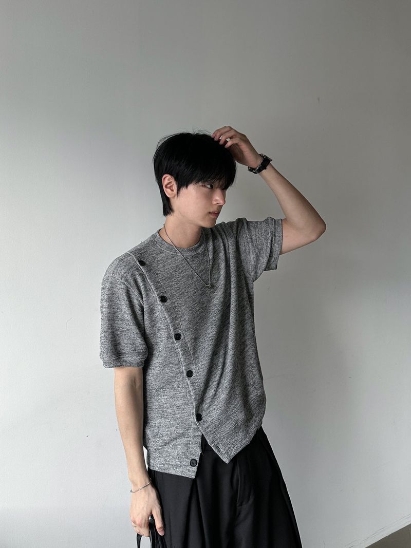 Roa Diagonal Button Short Sleeve Knit