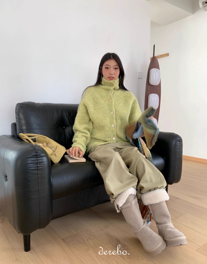 Tender Green Turtleneck Knit Cardigan