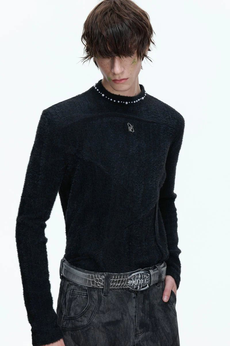 Fleece Pearl Trim Mock Neck Tee