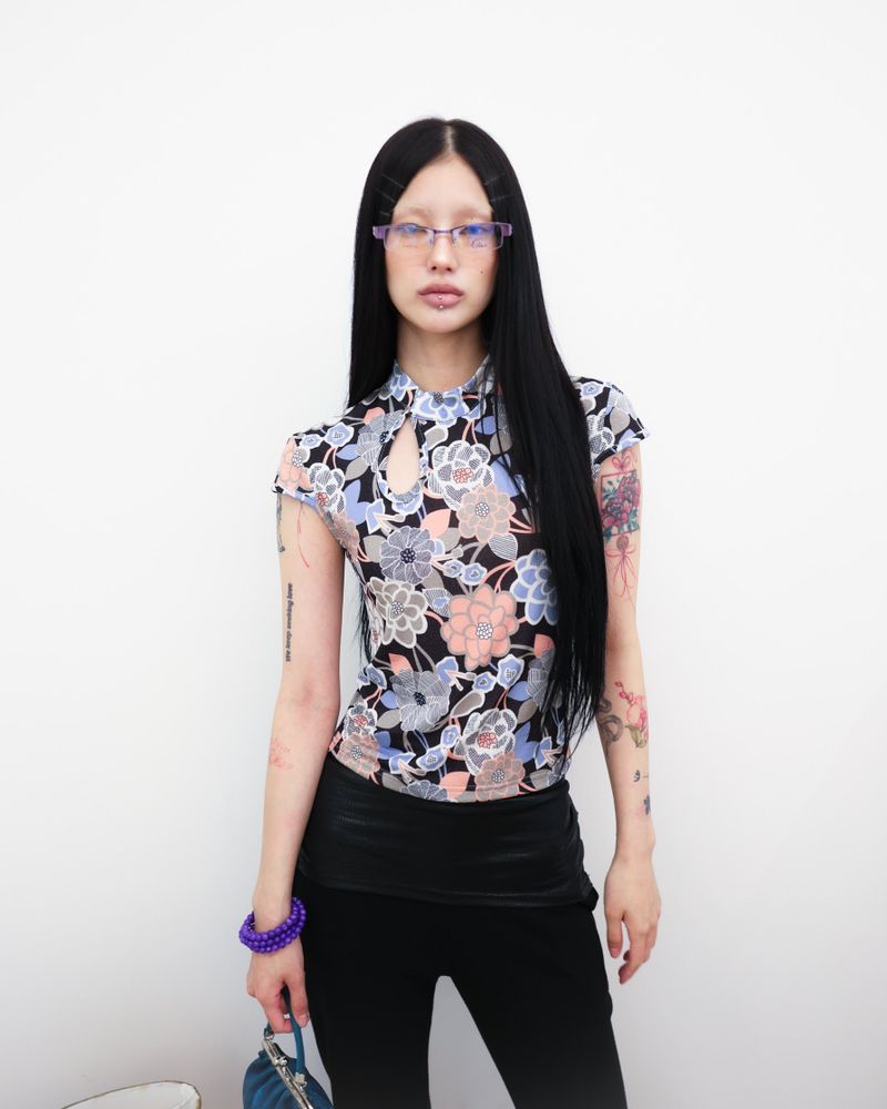 [香] Qipao Floral Top (Black)