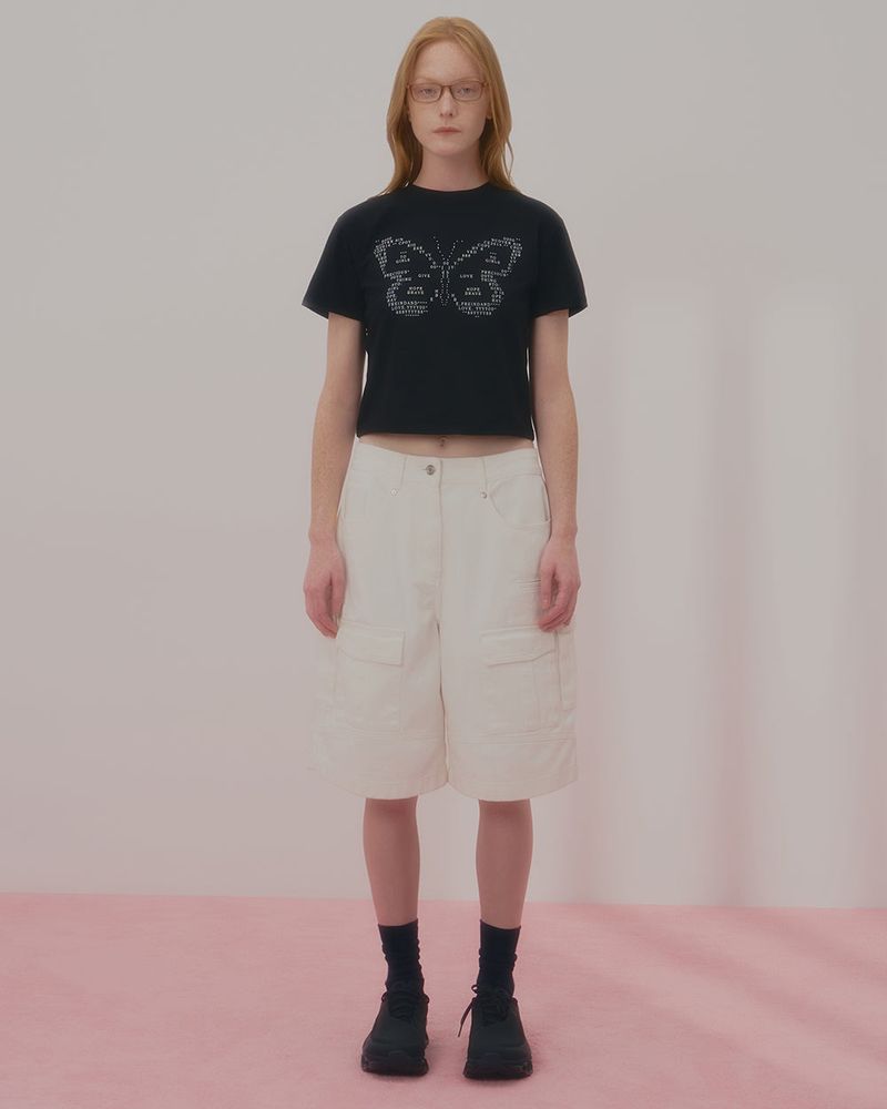 TEXT BUTTERFLY CROP TSHIRT-BLACK