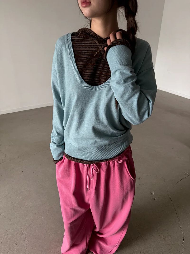 deep U-neck knit top