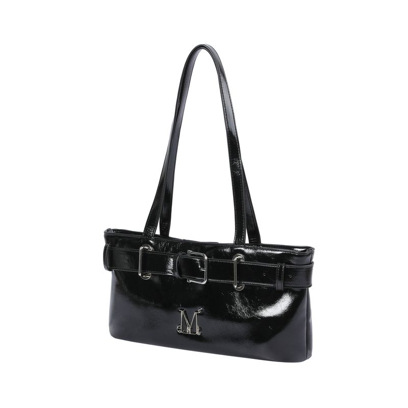 SENTIC METAL LOGO FRONT BELTED LEATHER SHOULDER BAG UNISEX