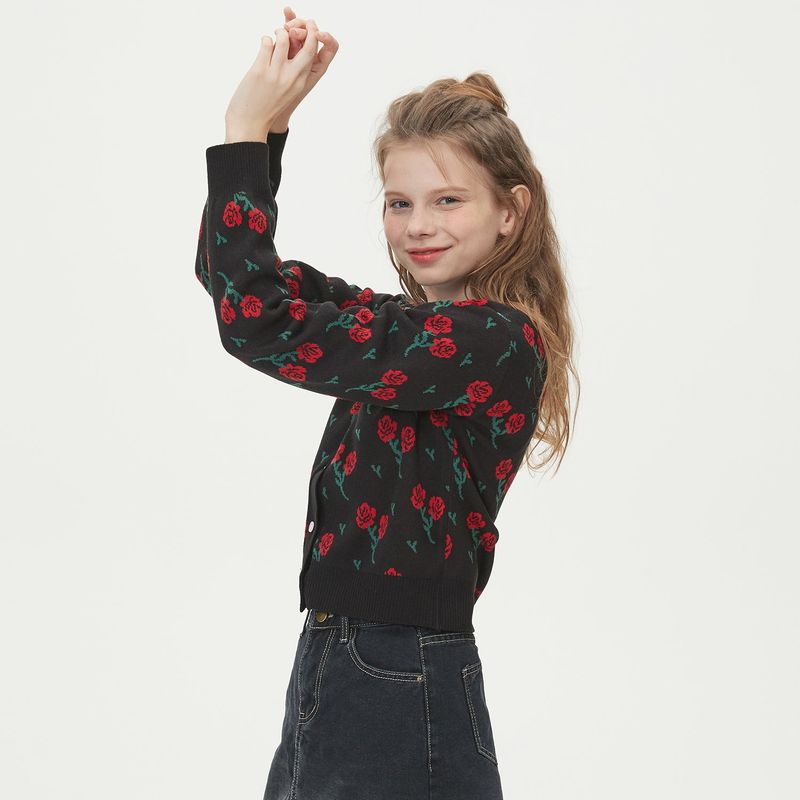 FLOWER JAQUARD KNIT CARDIGAN_BLACK