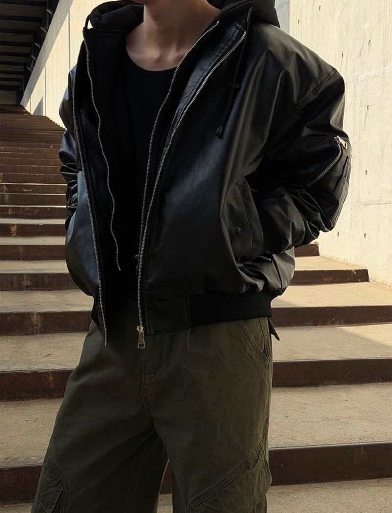 Hood layered leather blouson(3color)