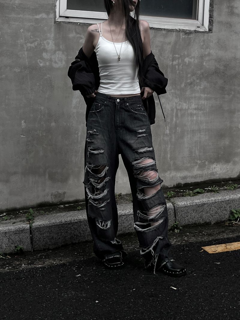 black destroyed wide denim