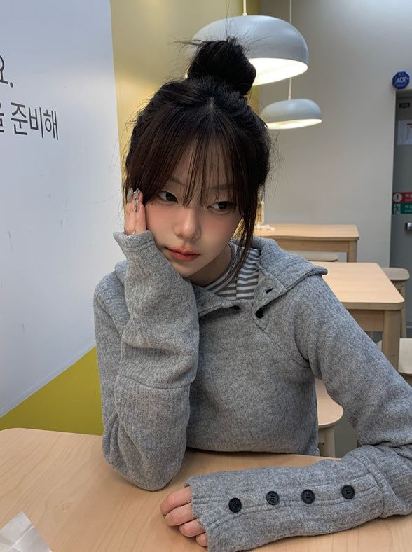 [Fleece/Sleeves Button] Rambo Brushed High Neck Ribbed Button Hood Knit