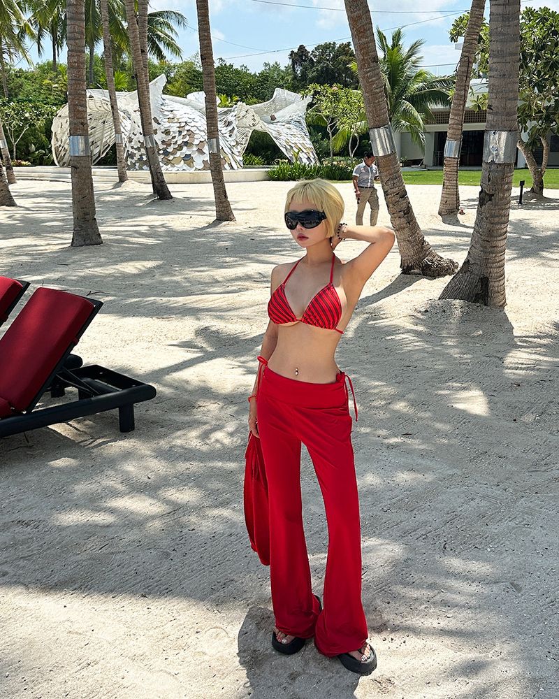 Red striped strap bikini