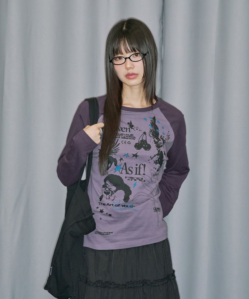 Kitsch Stamp Pintuck Raglan Long Sleeve - GRAY PURPLE