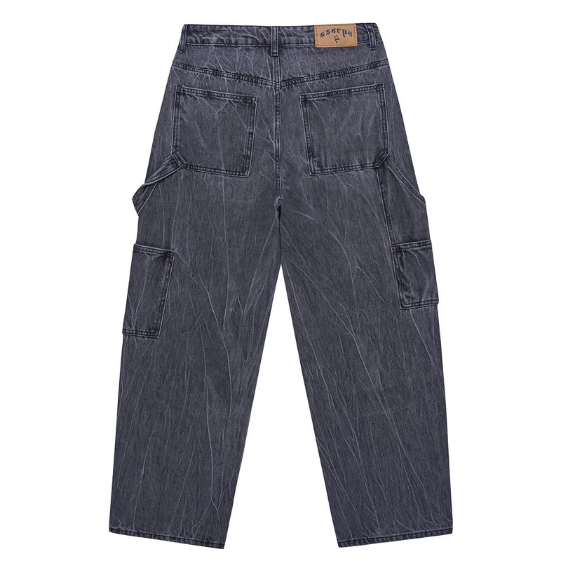 Curved Carpenter Crack Denim Pants Grey